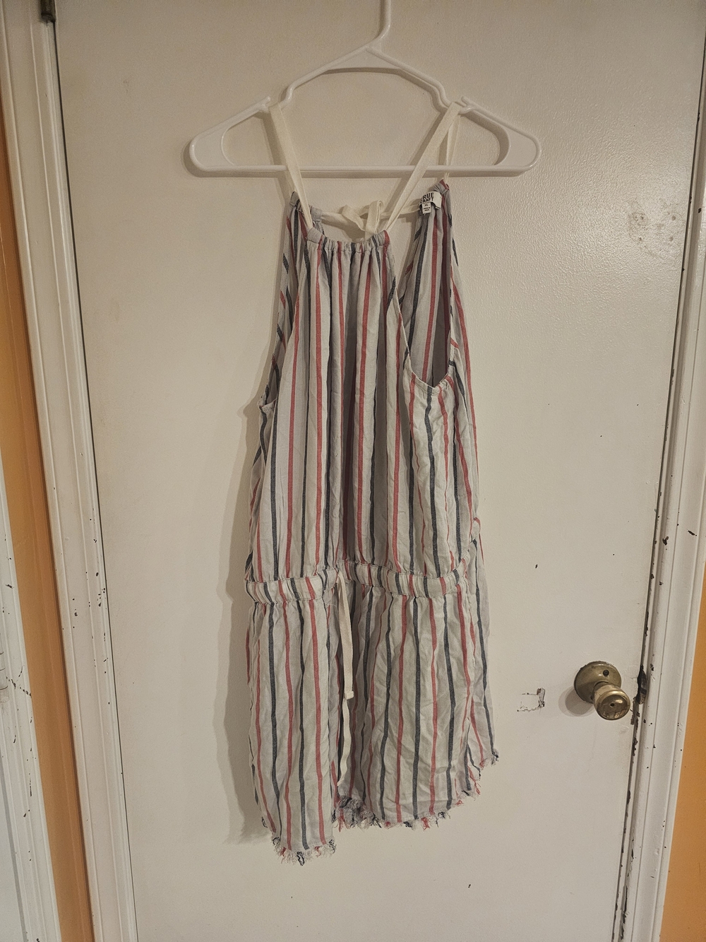 True Craft Striped Halter Romper in White, Red & Blue